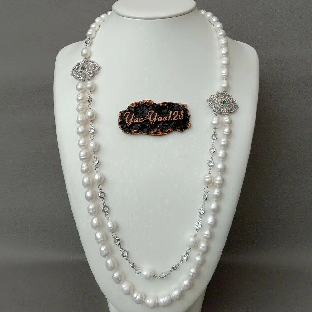 

28" 2 rows Freshwater White Rice Pearl Cz pave Chain Necklace