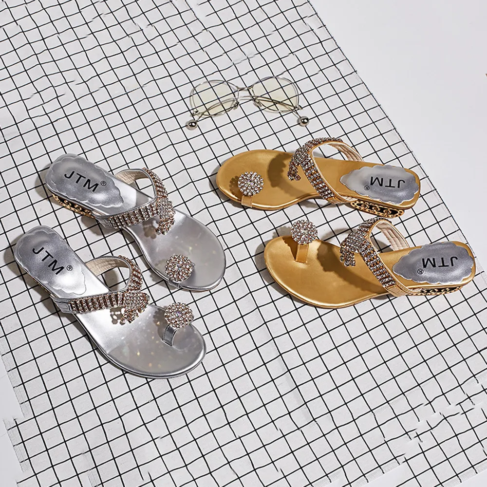 

2019 New Female Slippers Women's Sandals Flip Flop Fashion Rhinestone Wedges Round Toe Shoes Crystal High Heels Shoes Claquette