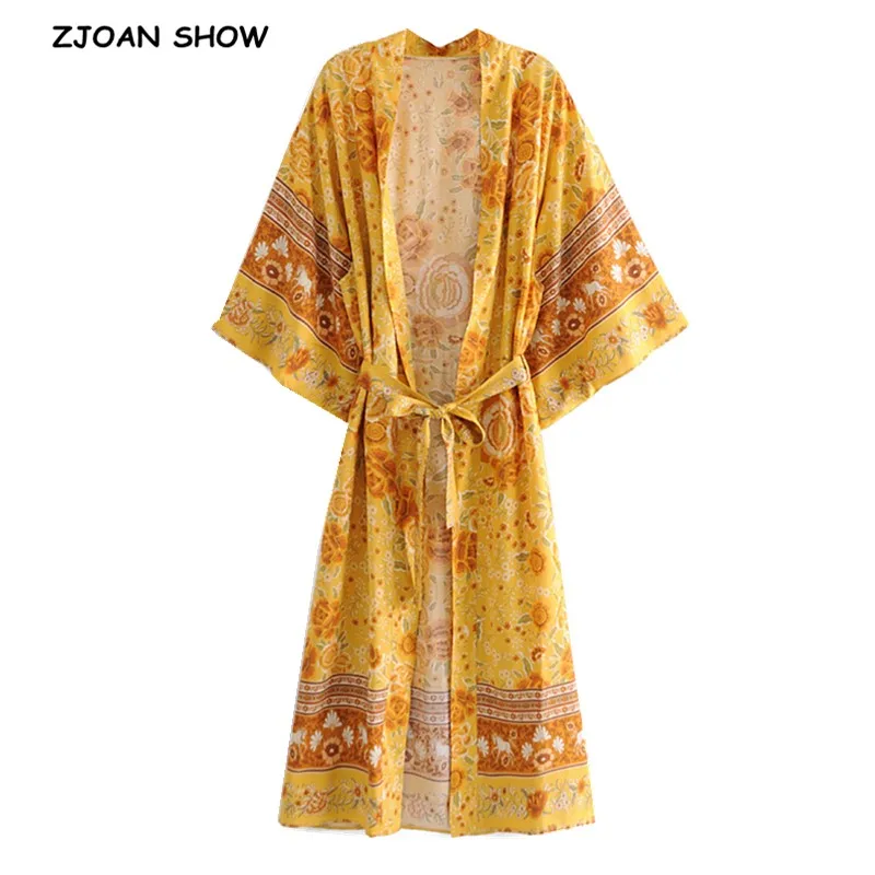 

Bohemia V neck Gold Flower Print Maxi Long Kimono Cardigan Ethnic Women Lacing up Bow Sashes Shirt BOHO Loose Blouse Tops