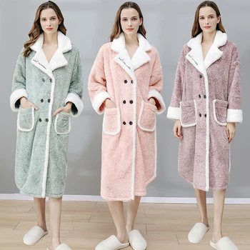 

Women Winter Thick Warm Flannel Sleep Tops Luxury Fur Collar Pijamas Coral Fleece Pijama Top Embroidery Female Loose Sleepwear