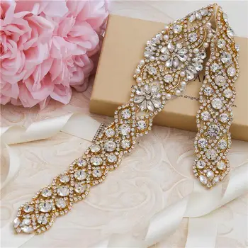 

Crystal Rhinestones Wedding Belt Gold Color Bride Belts Sash White Champagne Ribbon For Women Evening Dress Bridal Accessories