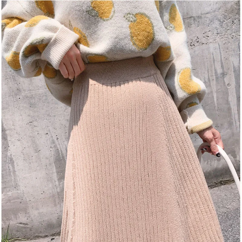 Women's Knit Skirt Autumn Winter New High Waist Solid Color A-line Pleated Knit Skirt Office Lady Wild Warm Long Skirt ML291