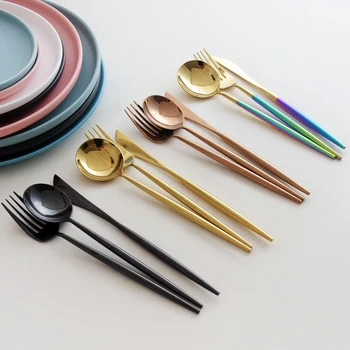 

Rainbow Cutlery Set Stainless Steel Gold 5Pcs Knife Fork Spoon Metal Western Dinnerware Set Reusable Dinner Tableware Set MM60CJ