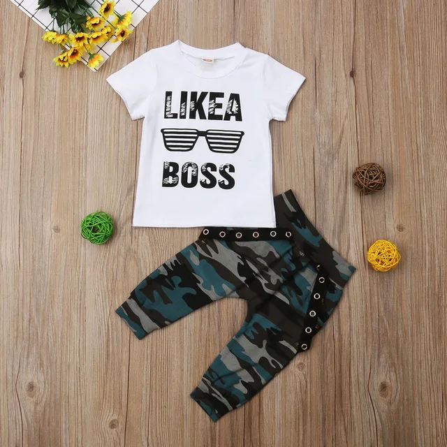 Newborn Baby Boys Clothes Toddler Kids Short Sleeve Letter T-shirt Camo Pants 2Pcs Outfits Set Baby's Clothing 2