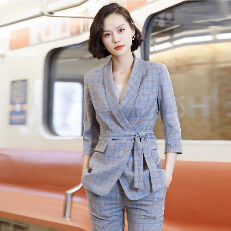 

Early Autumn Ladies Casual Plaid Suit Pants Set Business office suit Trendy Slim Large Size Women's Suit Two-piece slim trousers
