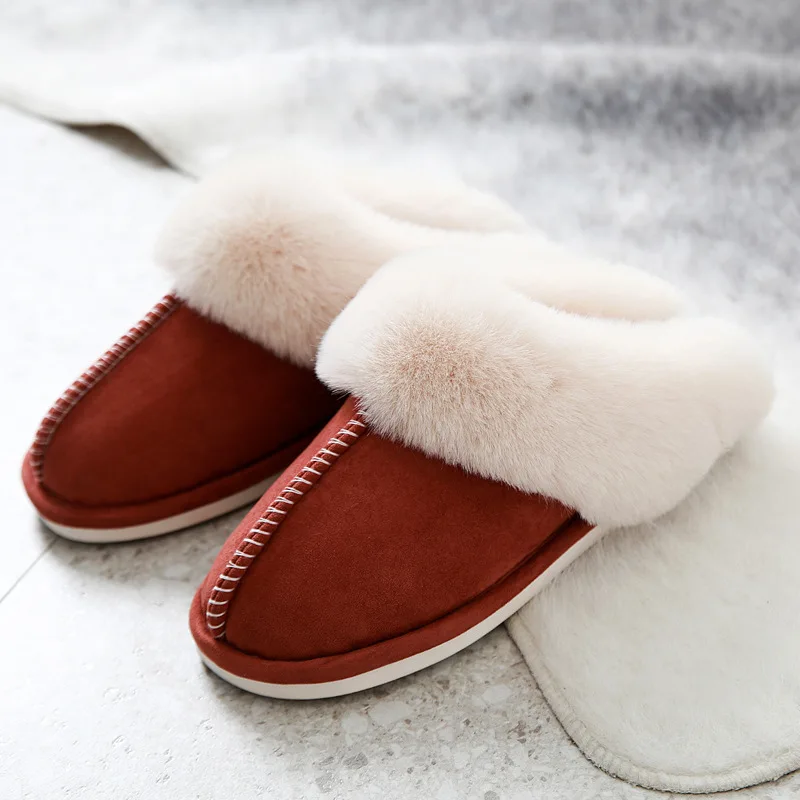 New Hot Luxury Faux Suede Home New Women Full Fur Slippers Winter Warm Plush Bedroom Non-Slip Couples Shoes Indoor Furry Slipper