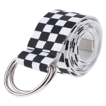 

Black White Plaid Waist Belt Unisex Women Fashion Waistband Buckle Long Canvas