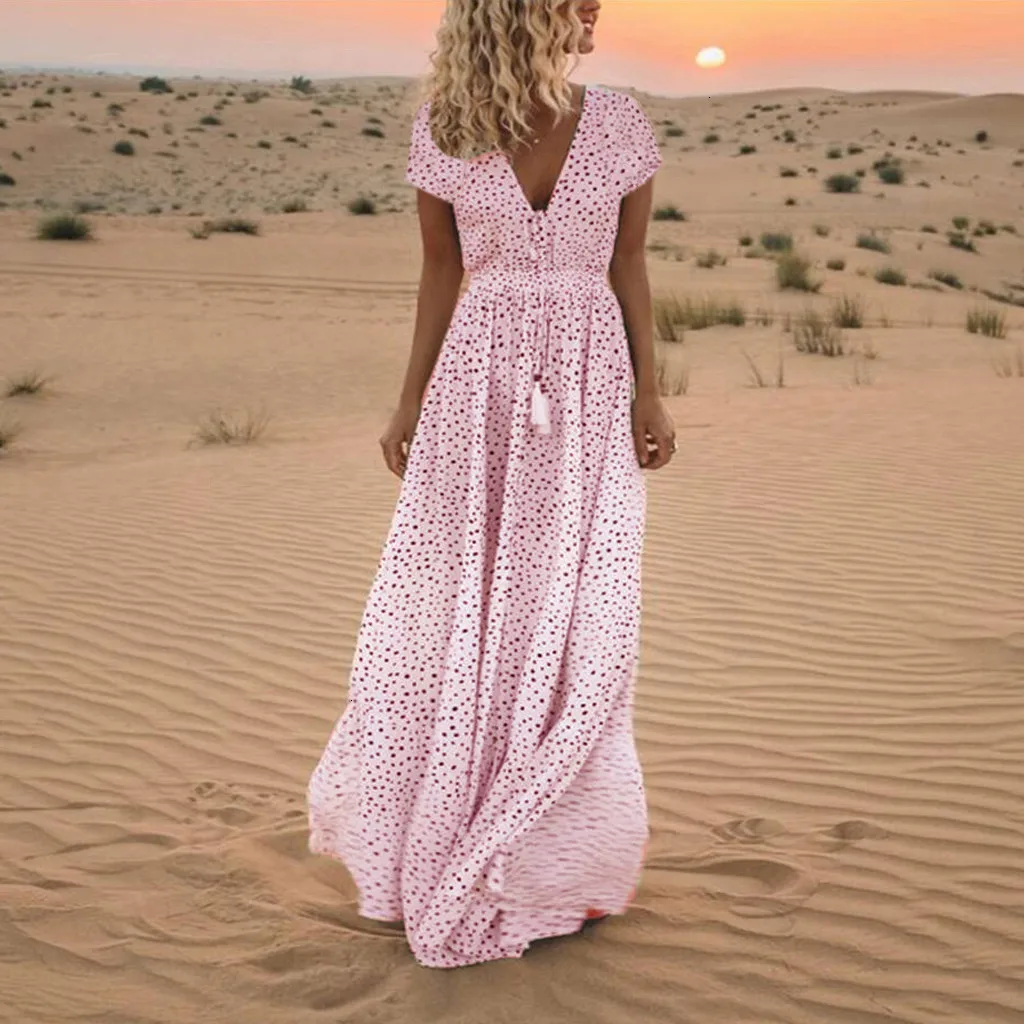 Women Summer Dress Short Sleeve Dot Print Tassels V Neck Party Long Dresses Beach Maxi Dress Casual Women Dresses Elegant NEW