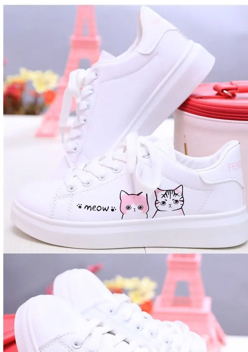 Autumn Girl Student Pupil Single Shoe Ventilation Skate Children Shoes White Girl Sneakers Cute Cat Embroidery Kids Casual Shoes