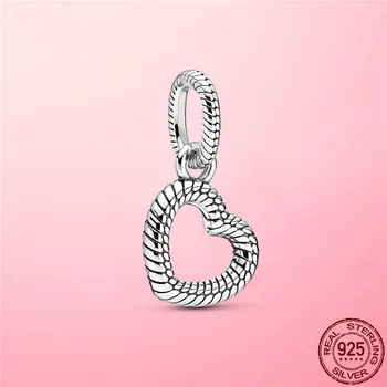 

Silver Charm 925 Sterling Silver Snake Chain Pattern Open Heart Pendant Charm fit Bracelet Necklace Original Silver 925 Jewelry