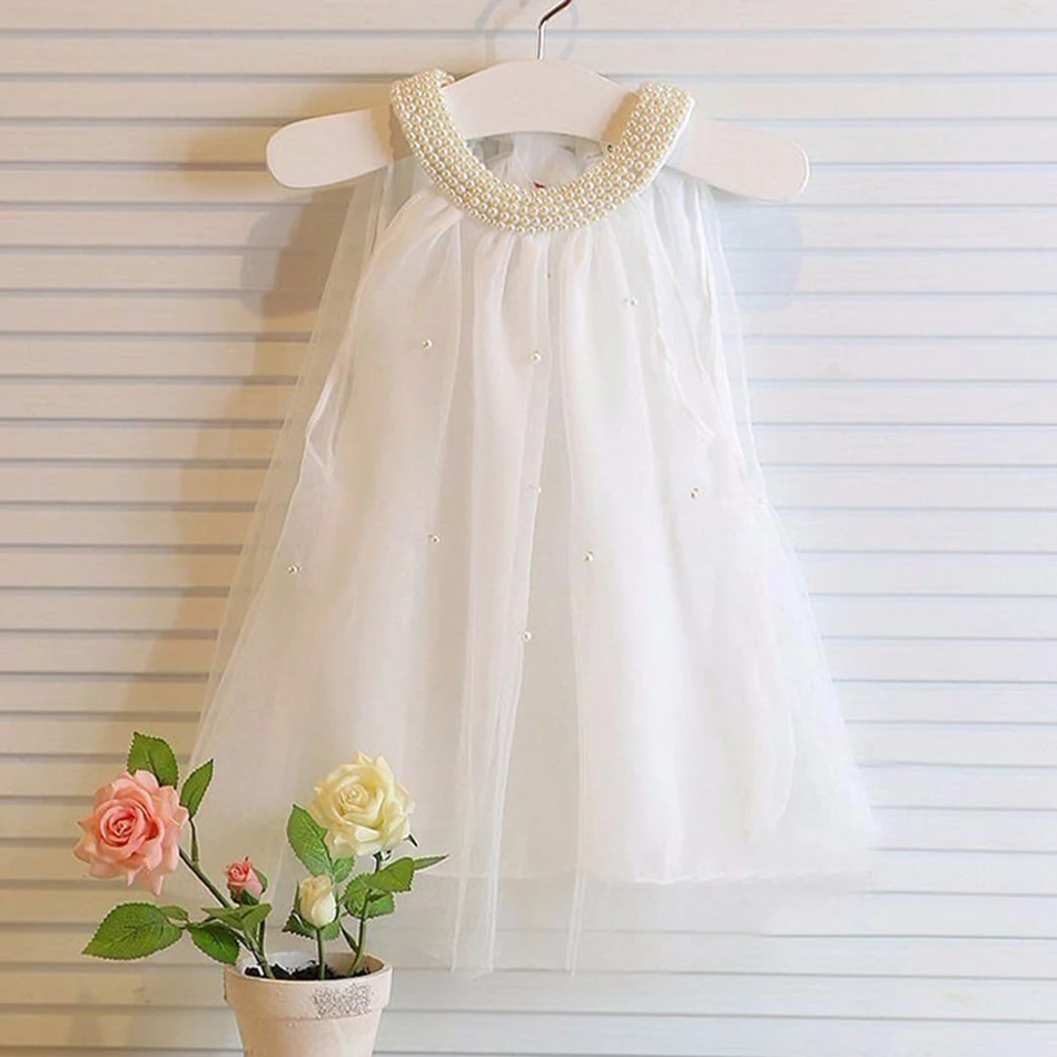 2-6T Baby Girl Sleeveless Pearl Dress Tulle Bow Costumes Summer Toddler Birthday Party Outfits Kids Stage Performance Clothes | Детская
