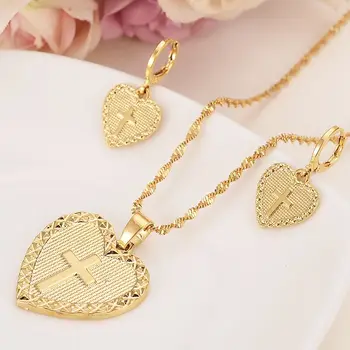 

Heart cross Jewelry sets Classical Necklaces Earrings pendant Set 18 K Yellow Solid G/F Gold Arab/Africa Wedding Bride's Dowry