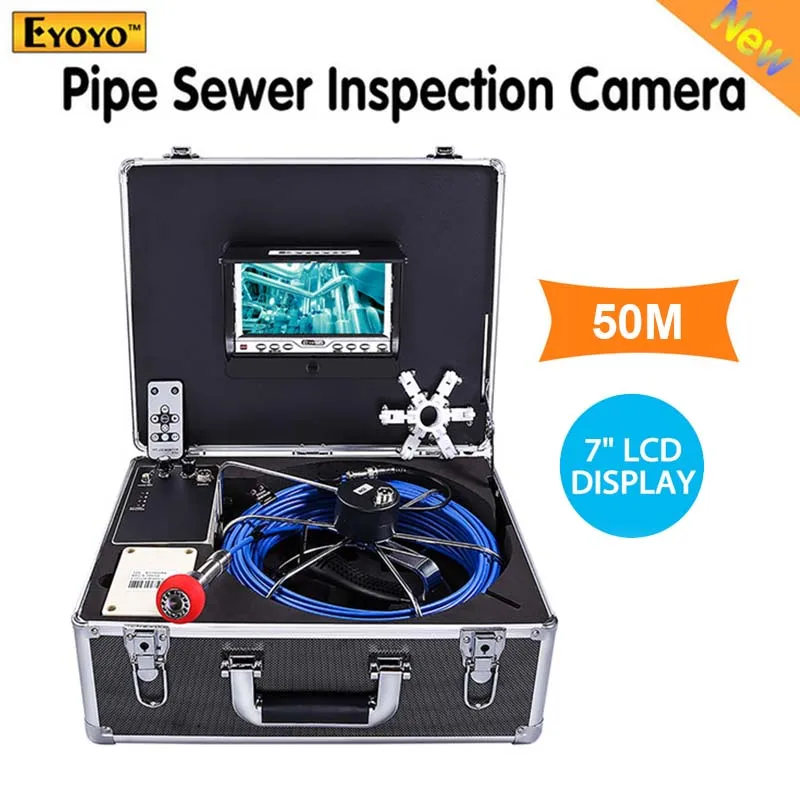 

Eyoyo 50M Pipe Pipeline Sewer Inspection Camera Drain Plumbing IP68 with 7 Inch LCD Monitor 1000TVL Sony CCD Camera and Meter