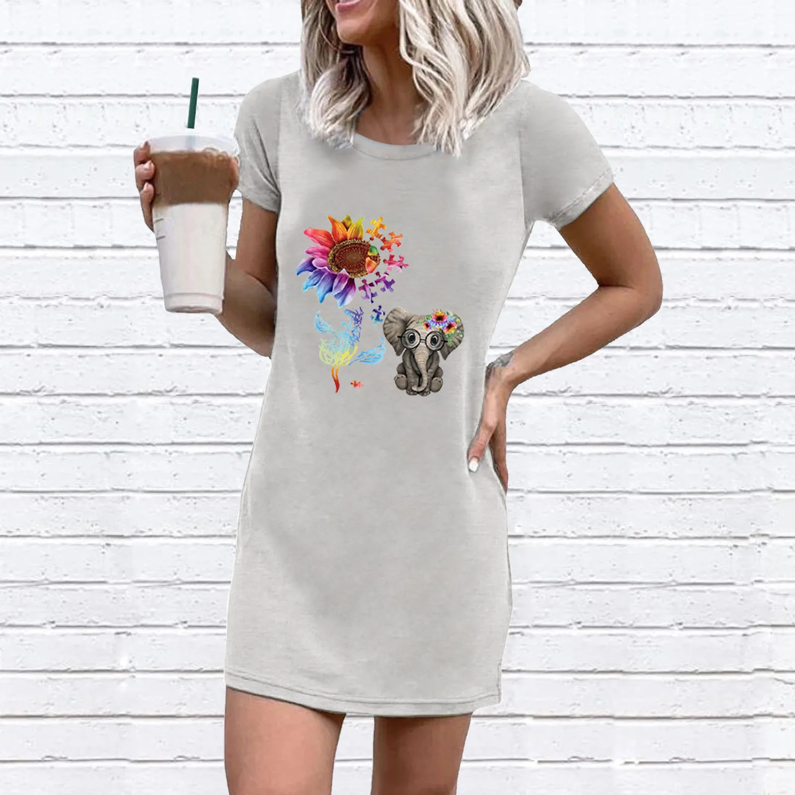 Summer Dress 2021 Fashion Women Casual Dress Baby Elephant Flower Print O- Neck Short Sleeve Dresses For Women 2021 Mini Jurk 2