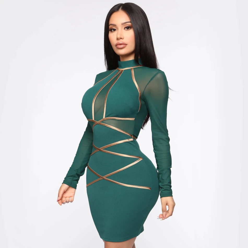 Новинка осени, женское сексуальное Сетчатое Бандажное платье с длинным рукавом и стоячим воротником, облегающее Клубное вечернее платье vestidos