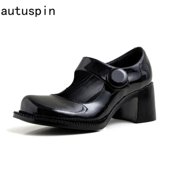 

autuspin New Style Women Round Toe Patent Leather Pumps 2020 Female Autumn Square Toe Mary Janes Casual Shoes Woman Thick Heels