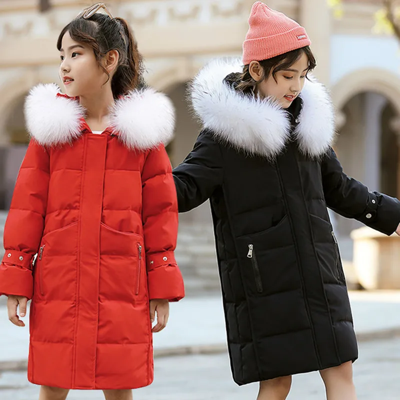 

2019 Girls Winter Down Jacket Thicken Coats Kids Girls clothes parka real fur Hooded Russian Children Long Jacket snowsuit
