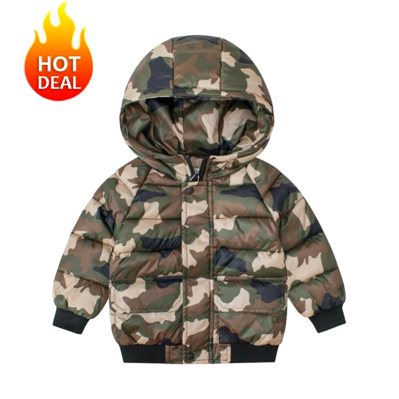 BINIDUCKLING/осенне-зимняя камуфляжная Детская куртка для мальчиков; хлопковая Детская куртка; одежда с капюшоном; теплая плотная верхняя одежда; 2-7T