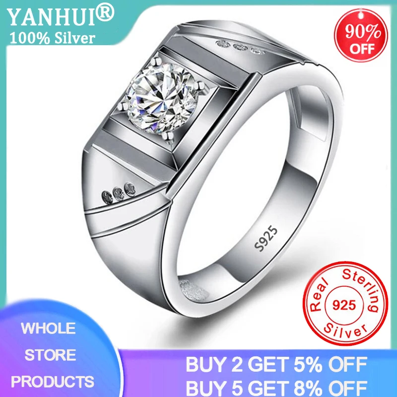 

YANHUI Solitaire male Ring 925 Sterling Silver 1ct Zirconia Diamond Engagement Jewelry Wedding Rings for Men Finger Ring XMJZ002