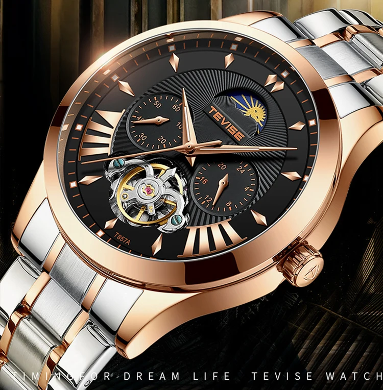 TEVISE Топ бренд класса люкс automatic Tourbillon Мужские механические часы модный стальной ремень Moon Phase светящиеся водонепроницаемые часы