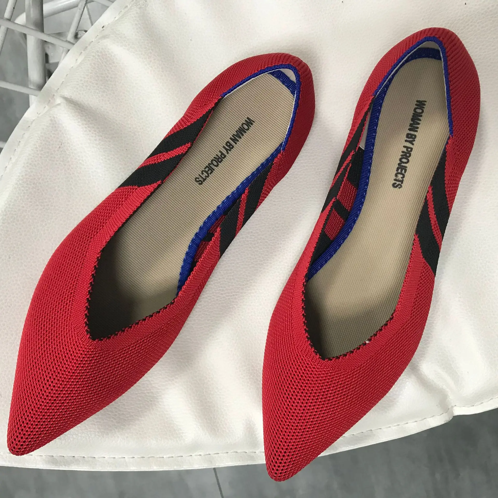red striped Удобные корейские беременных туфли с острым носком на плоской подошве Балетки Обувь Дамская туфли вязаные мокасины; повседневная обувь для вождения; мокасины; эспадрильи - Цвет: red striped
