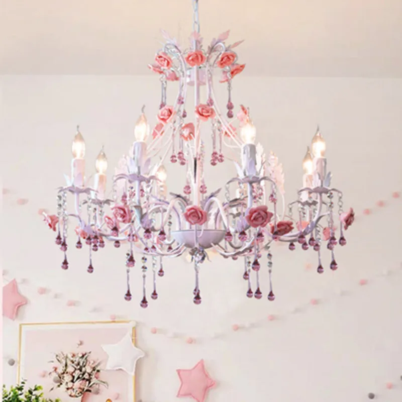 Прованс с розовыми цветами светодиодный хрустальные люстры Candelabro для спальни