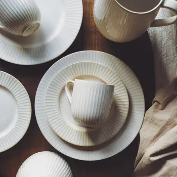 

Solid White Dinner Plate Ceramic Dishes Lined Decor Dessert Plate Coffee Mug