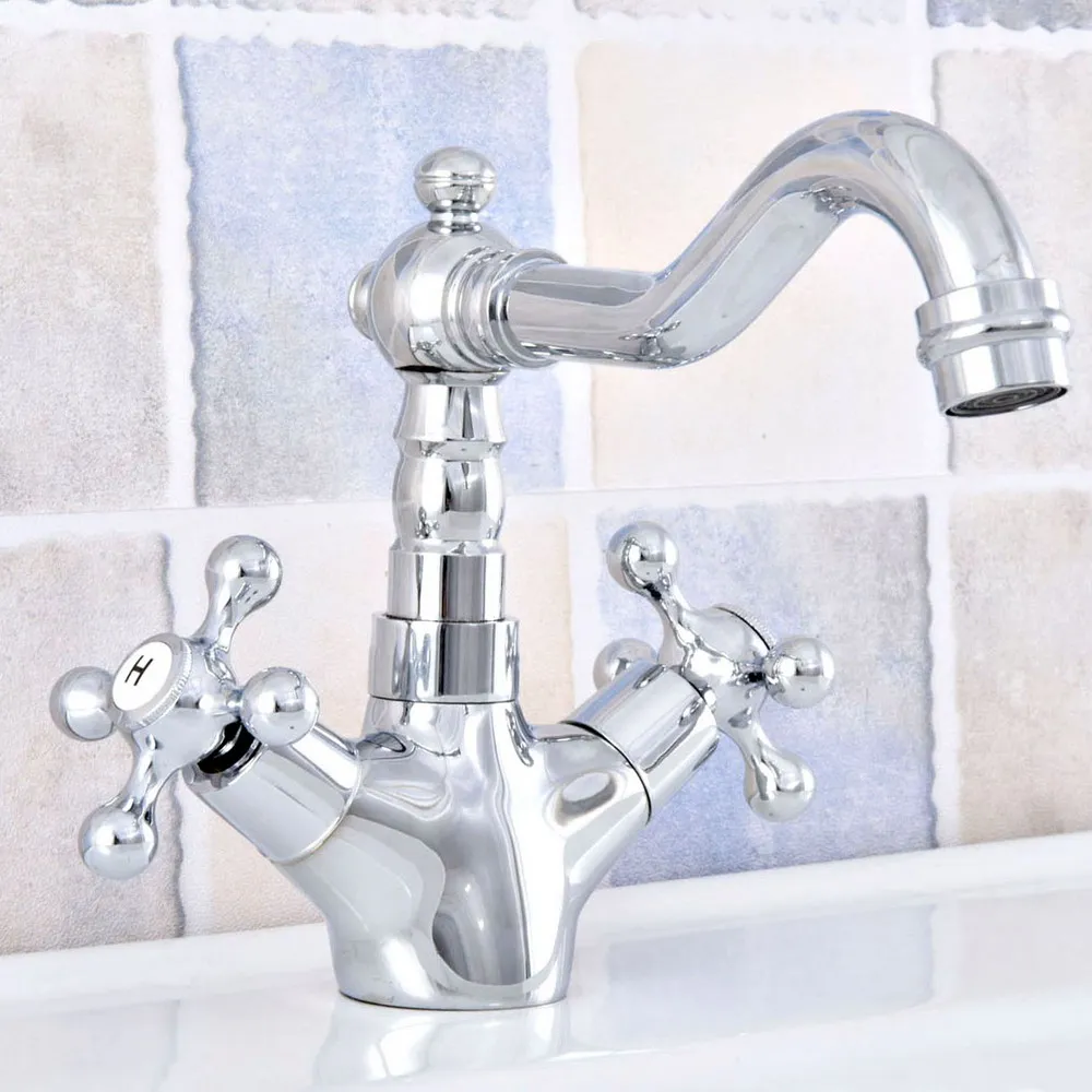 

Polished Chrome Brass Bathroom Kitchen Basin Sink Faucet Mixer Tap Swivel Spout Dual Cross Handles One Hole Deck Mounted msf659