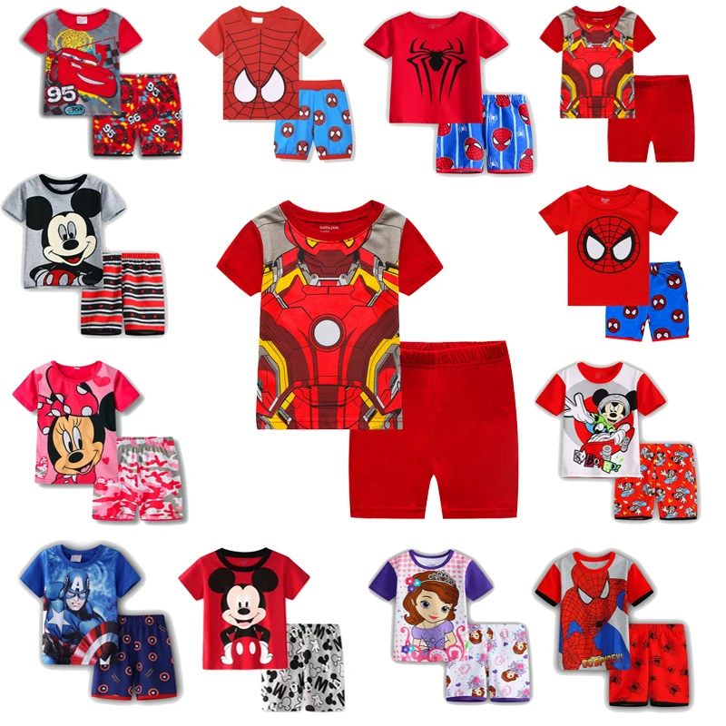 Juego de pijama para niños, ropa de dormir de manga corta con dibujos animados de Spiderman y Mickey