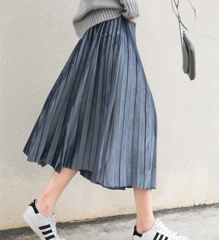 Женская бархатная юбка с эластичной резинкой на талии, модные синие длинные плиссированные юбки на осень и зиму
