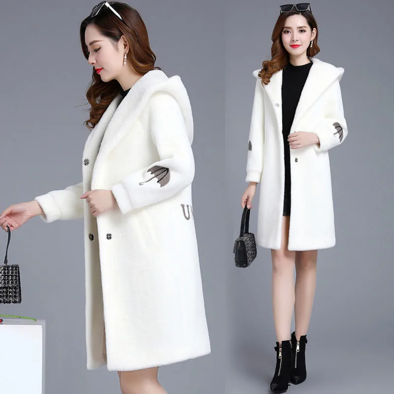 Пальто из искусственного меха осенне-зимняя куртка с капюшоном Новая женская белая длинная верхняя одежда женская элегантная вышитая теплая однобортная