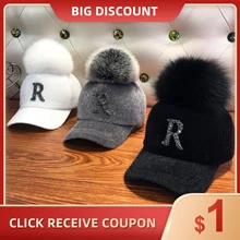 

Cute Fur Pompom Winter Caps Rhinestone Letter Women Baseball Cap Casual Warm Girls Snapback Caps