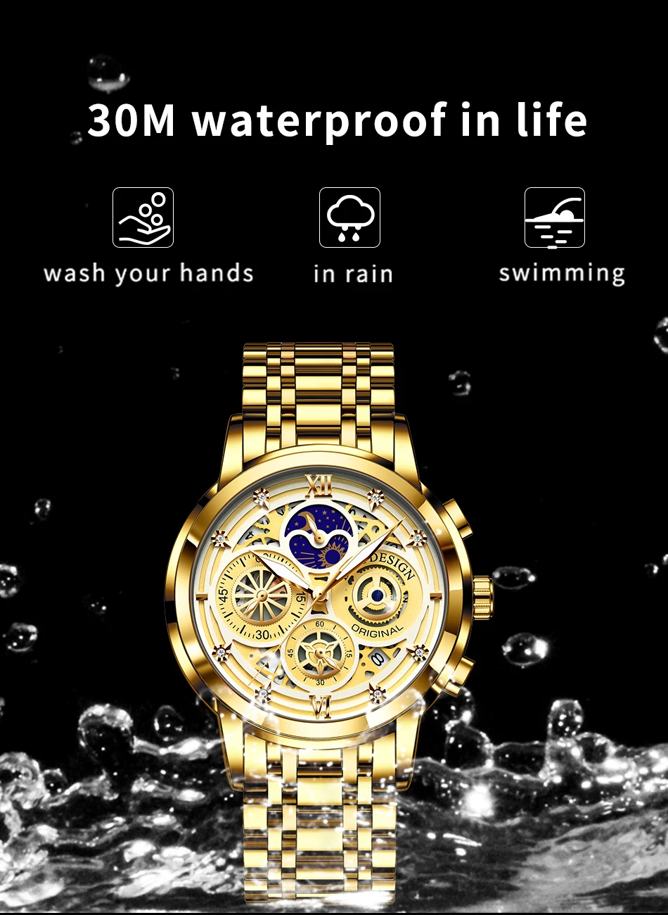 2021 New LIGE Sport Men Watch Top Brand Luxury Gold Stainless Steel Quartz Wrsit Watch Men Fashion Hollow Waterproof Chronograph