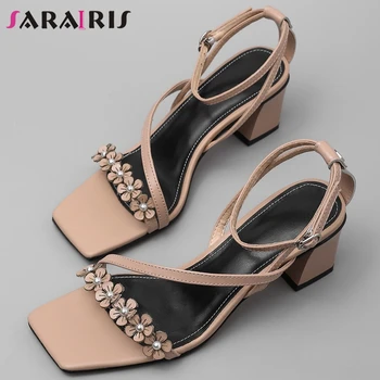 

SARAIRIS Sweet Date Flower Sandals Women Elegant High Hoof Heels Sandals Ladies Elegant Summer All Genuine Leather Shoes