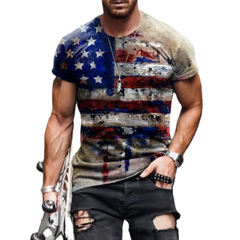 

2021 Summer Men's Large Size 3D Printed T-shirt Flag Pattern Casual Shirt Street Fitness Clothing Hip Hop Crew Neck Harajuku Top