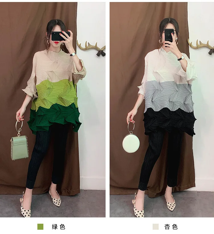 Женские топы больших размеров,, Осенние, новые, эластичные, Miyake, плиссированные, со стразами, в стиле пэчворк, воротник-стойка, Свободные повседневные футболки
