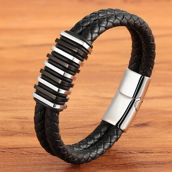 

XQNI Double-layer Stainless Steel Leather Men's Bracelet Luxury Accessories Combination Hand-woven DIY Size Engraving Logo