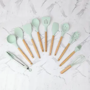 

Wooden Handle Silicone Kitchen Utensils Non-Stick Kitchen Tool Shovel Spoon Set Wooden Silicone Handle