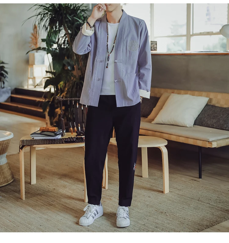 Autumn And Winter New Style Men Chinese-style Cotton Linen Thin Jacket Men Antique Style Retro Embroidered Cardigan Coat