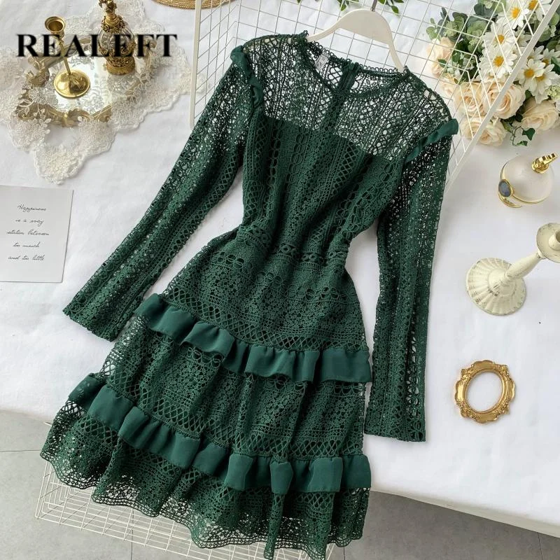 

REALEFT Autumn Elegant Women Ruffles Party Mini A-line Dresses Long Sleeve Lace Hollow Out Vintage Short Dresses for Female 2019