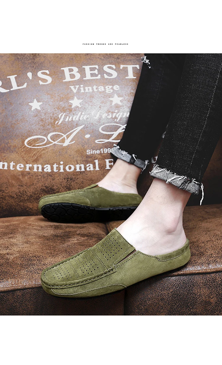 Man Summer Fashion Pig Skin Casual Half Shoe Male Breathable Soft Backless Half Loafers Hombre Open Back Leather Comfy Mocassins