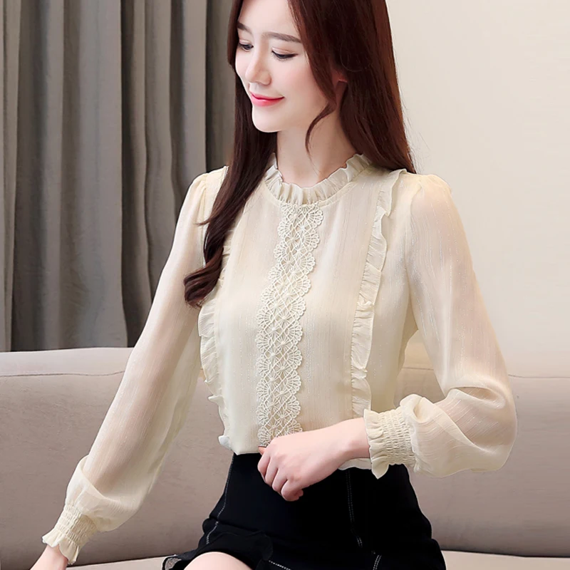 

Spring Fall Korean Women Ruffled Neck Long Sleeve Glitter Beige Grey Chiffon Top Blouse Shirt , 2019 3xl Womens Tops and Blouses