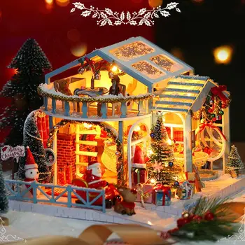 

Christmas Led Decoration 2021 Christmas Diy Doll House Wooden Mini BuildingToys For Children Christmas Gift 3D Wooden House Set