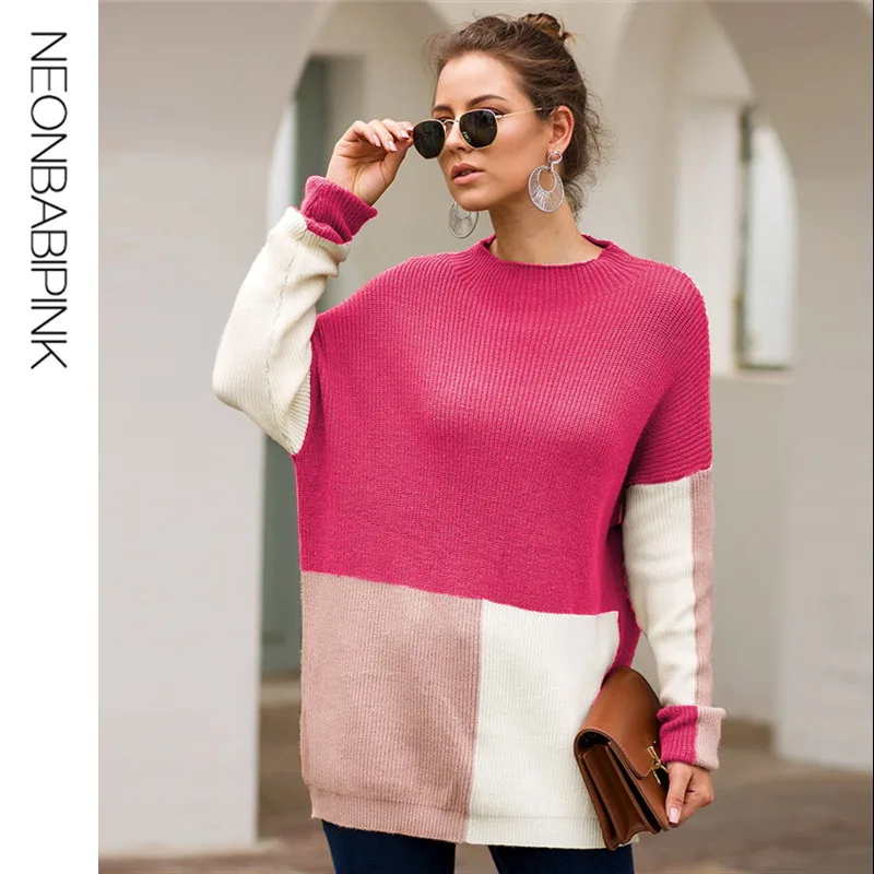 

NEONBABIPINK Color Block Geometric Oversized Long Sweater Fashion Knitted Pullovers Women Autumn Winter Tops 2019 N32-AF34
