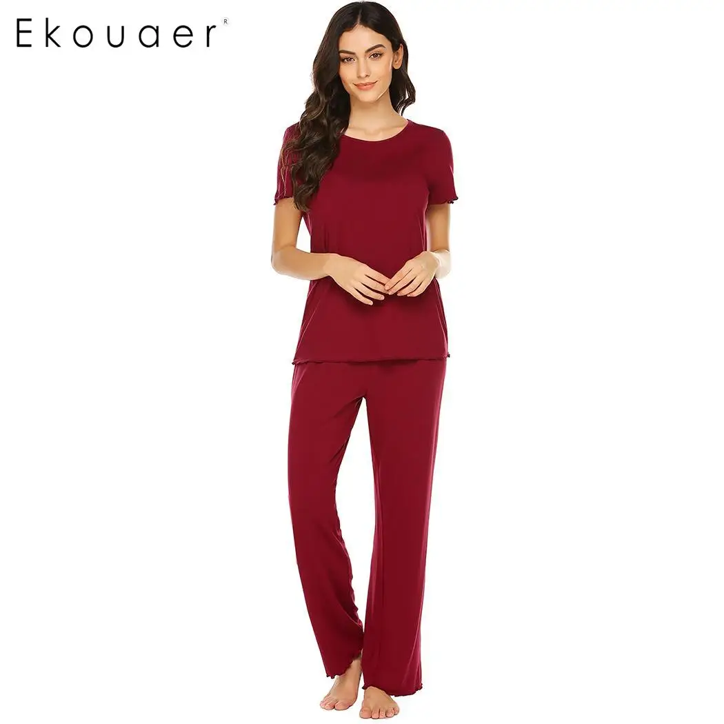 Ekouaer/женская ночная рубашка, одежда для сна, Пижамный костюм, топы с круглым вырезом и короткими рукавами, длинные штаны, однотонная Пижама, комплект одежды для сна