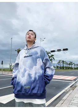 

High Street Japanese Style Fashion Clouds Style Loose Kawaii Hoodies Men Top Ladies Casual Printed Long Sleeve Gray Couple