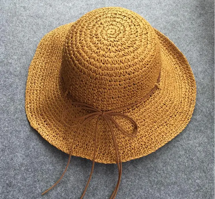 Studyset Summer straw weaving Braided UV Protection Bow Knot Beach Hat Foldable Bucket Cap crocheting - Цвет: light brown