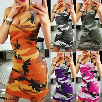 

Hot Women Dress Camouflage Printed Mini Dress Ladies Casual Dress Sleeveless Bodycon Slim Dress Sheath Bandage Short Mini Dress