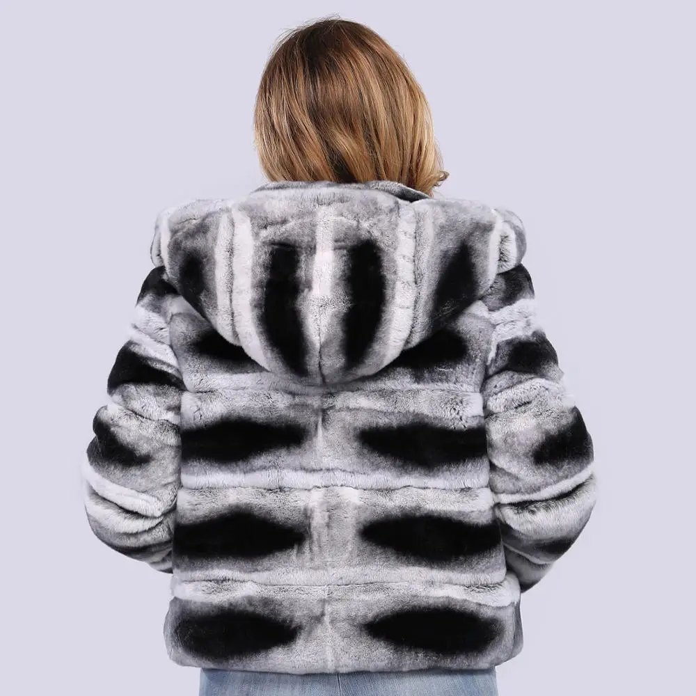 Бренд Настоящий мех кролика меховая куртка женская зимняя мода мех шиншиллы пальто с капюшоном женское теплое женское меховое пальто Женская