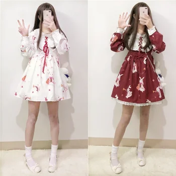 

Cute Kawaii Red Lolita Dress Sweet Rabbit Girls Princess Sweet Loli Cos Gothic Printed Cartoon Patterns Lace White Lolita Dress